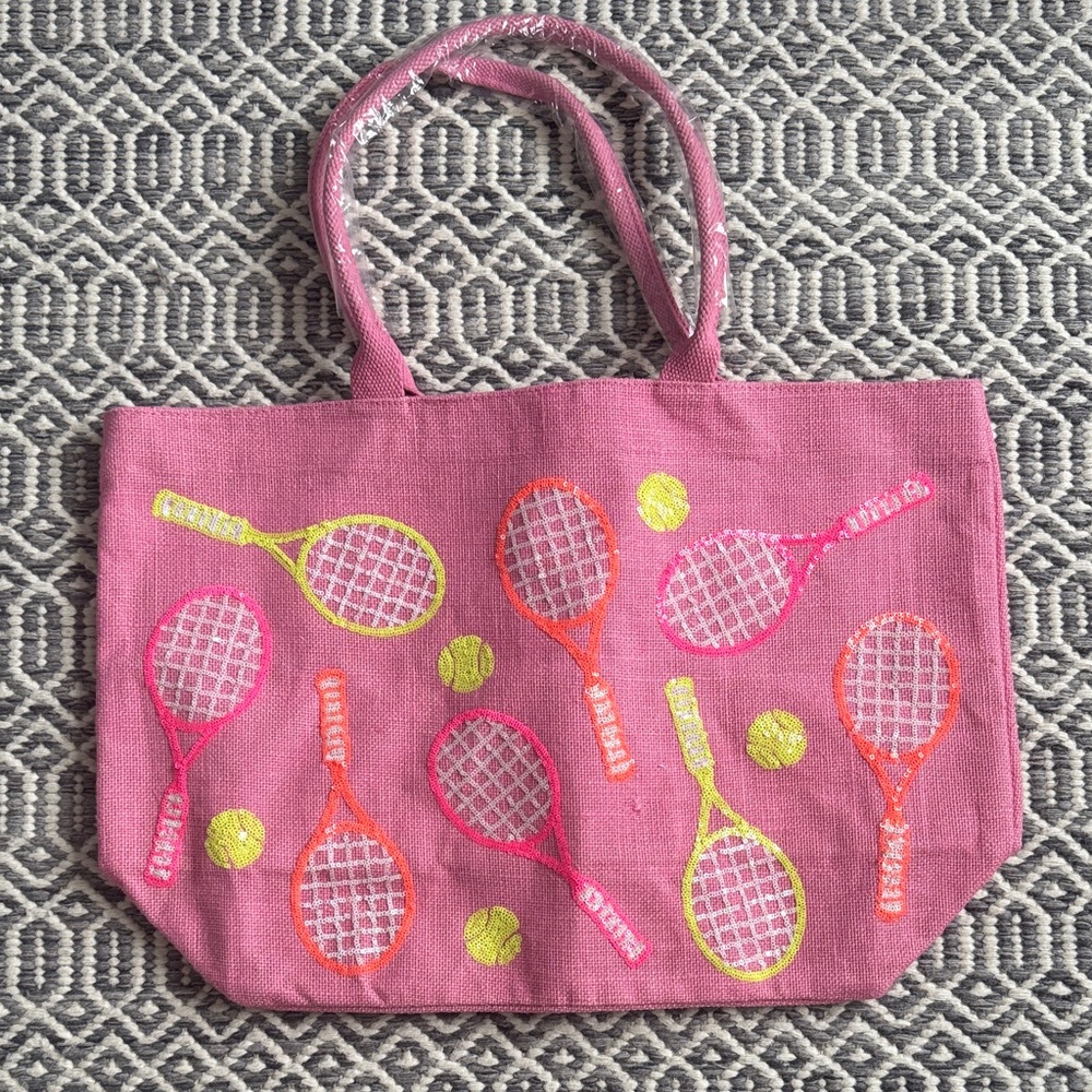 NEW Mud Pie Pink and Yellow Jute Tennis Tote Bag with Sequins